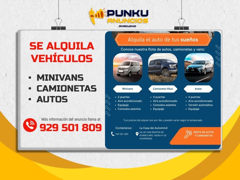 Alquiler de Camionetas, Autos y Minivan para paseos familiares o turistas